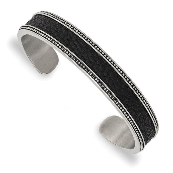 12mm Stainless Steel & Textured Leather Antique Cuff Bracelet 7.25 In